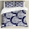 thumbnail image 1 of Crescent Duvet Cover Set, Monochrome Themed Pattern with Roses and Moon Bohemia Starry Night Composition, Decorative 3 Piece Bedding Set with 2 Pillow Shams, Calking Size, Indigo White, by Ambesonne, 1 of 3
