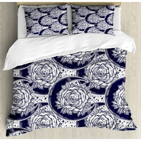 Crescent Duvet Cover Set, Monochrome Themed Pattern with Roses and Moon Bohemia Starry Night Composition, Decorative 3 Piece Bedding Set with 2 Pillow Shams, Calking Size, Indigo White, by Ambesonne