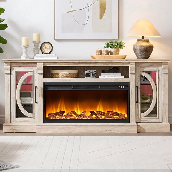 FlowSun Farmhouse TV Stand with 36'' Electric Fireplace, LED Entertainment Center with Crescent Roman Arched Glass Doors for 80'' TV,Brushed White