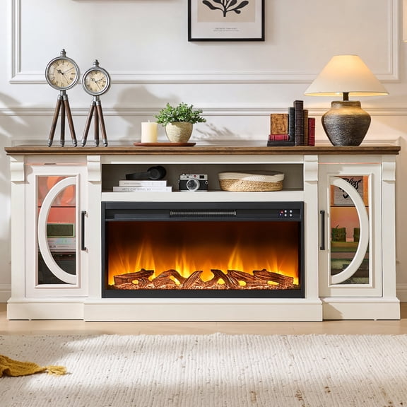 FlowSun Farmhouse TV Stand with 36 inch Electric Fireplace, LED Entertainment Center with Crescent Roman Arched Glass Doors for 80 inch TVs,White