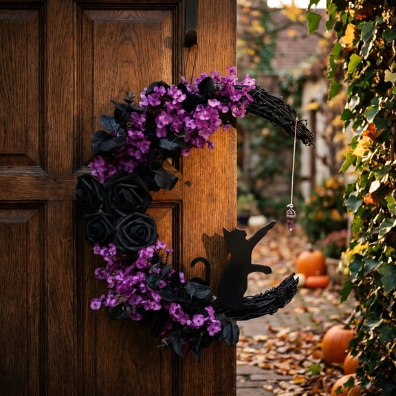 Crescent Floral Front Door Wreath, No Wilting Low Maintenance Handmade Gothic Arrangement, Pre-Attached Hanging Loop Decor for Halloween Witch Party Porch Entryway Mantel Home Display