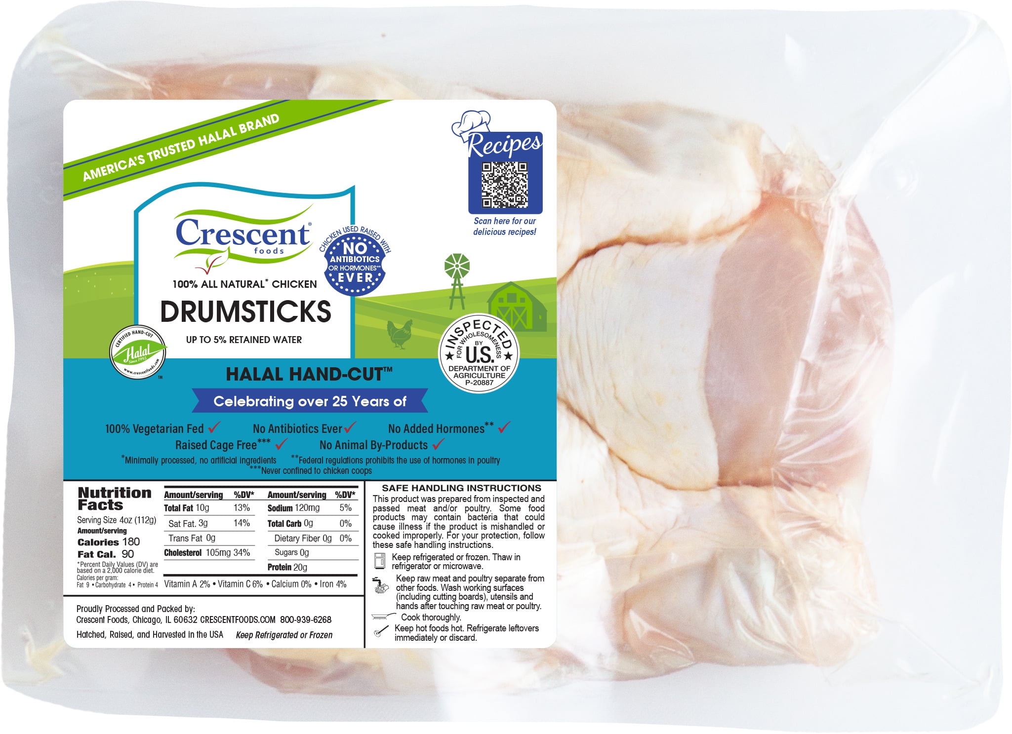 Crescent Foods Fresh Chicken Drumsticks, Certified HandCut Halal, All