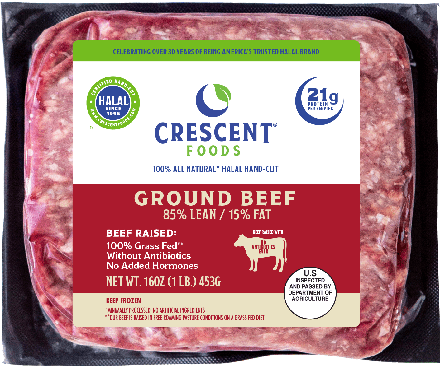 Crescent Foods Halal Ground Beef, 85/15, 1lb (Frozen)