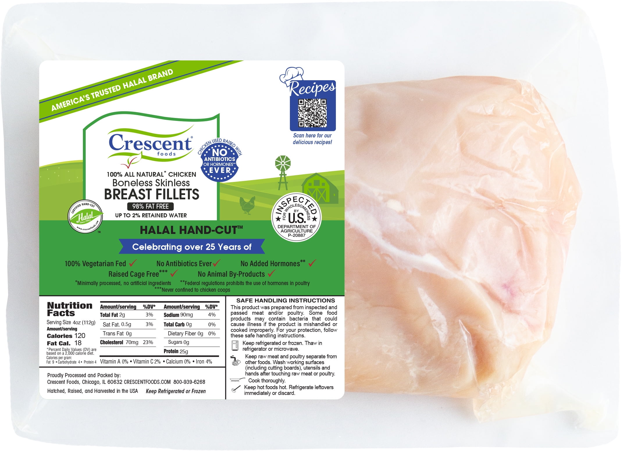 Crescent Foods Halal HandCut Boneless Skinless Chicken Breasts, 25g Protein, 1 2.12 lb., All