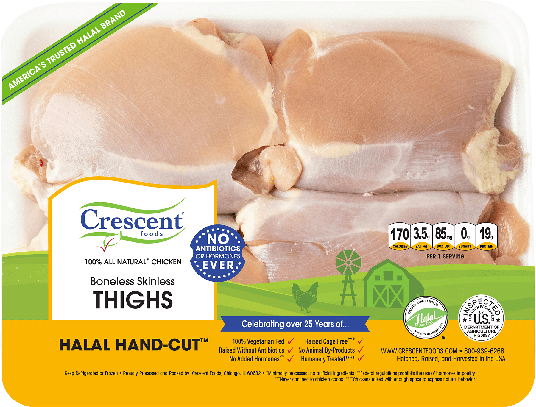 Crescent Halal HandCut Fresh Boneless Skinless Chicken Thighs, 19g