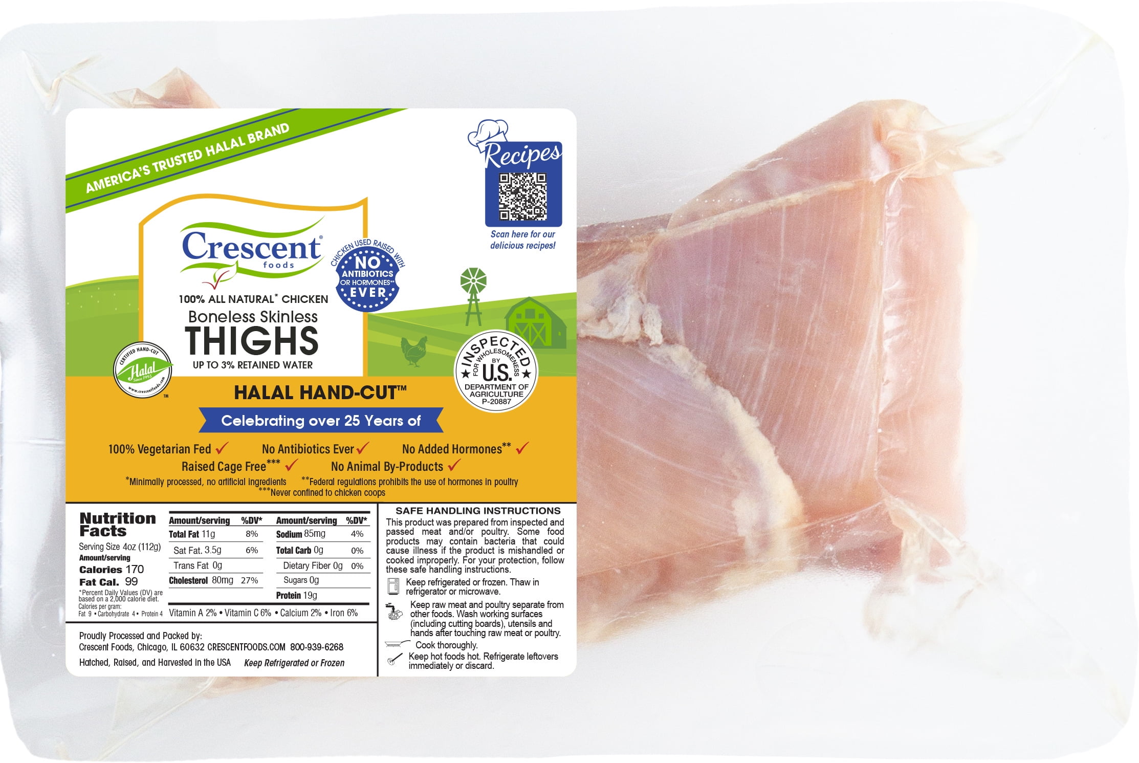 Crescent Halal HandCut Fresh Boneless Skinless Chicken Thighs, 19g