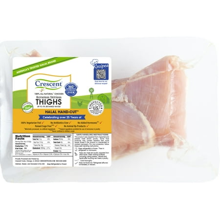 Crescent Halal Hand-Cut Fresh Boneless Skinless Chicken Thighs, 19 g Protein, 1.25 - 2.25 lb, All-Natural