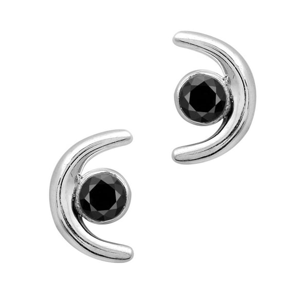 Crescent Half Moon Round Black Spinel 925 Sterling Silver Women Stud Earrings