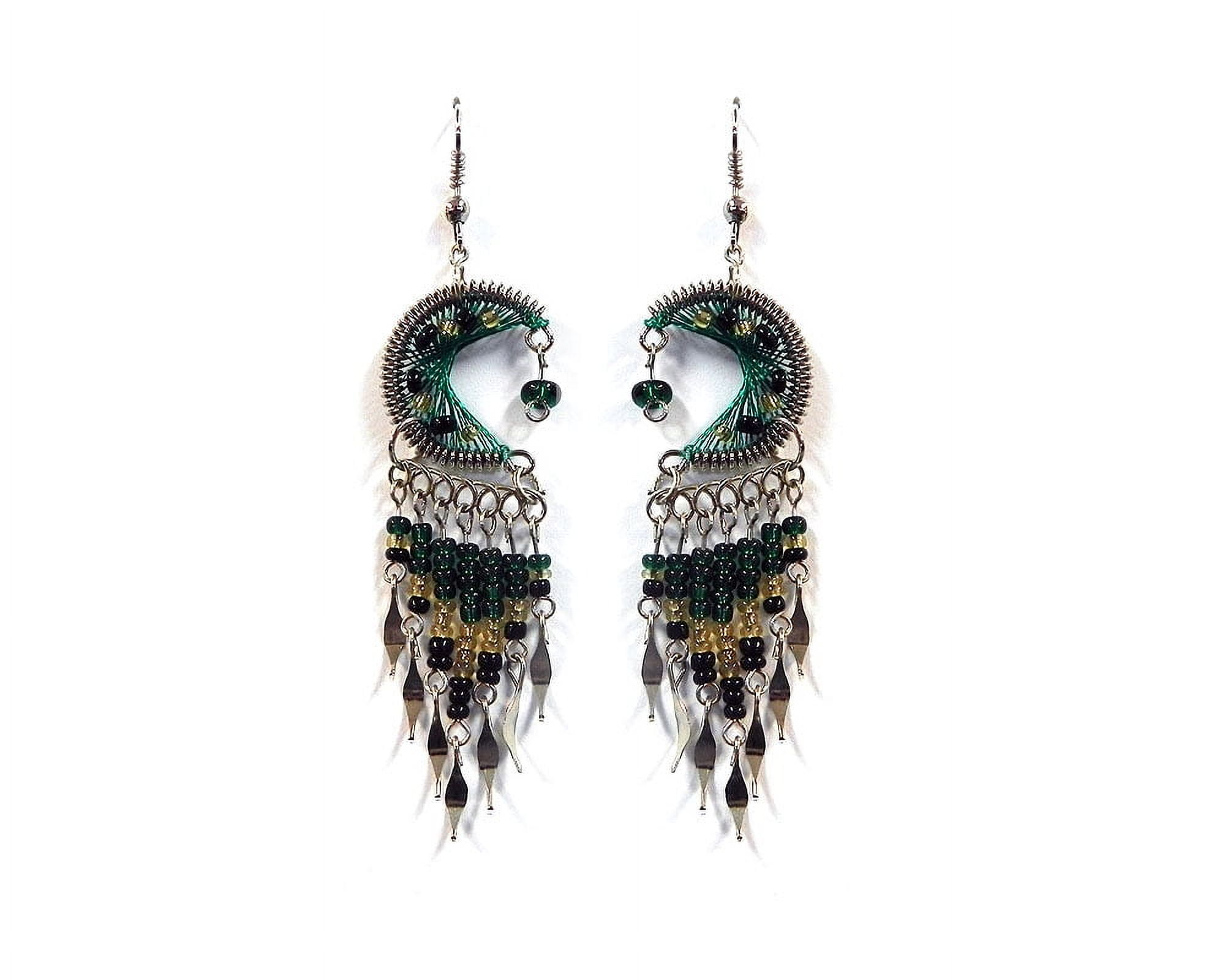 Crescent Half Moon Silk Thread Long Beaded Metal Dangles Earrings ...
