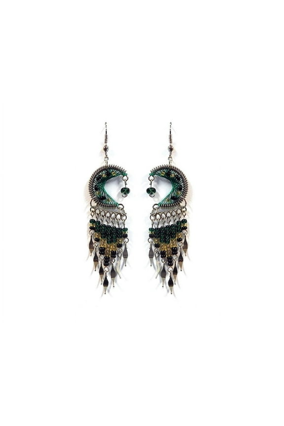 Crescent Half Moon Silk Thread Long Beaded Metal Dangles Earrings - Women Fashion Handmade Jewelry Boho Accessories