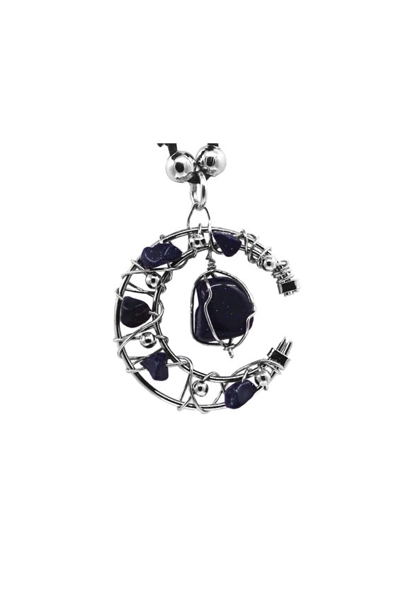 Crescent Half Moon Silver Metal Wire Wrapped Tumbled Healing Gemstone Crystal Pendant Adjustable Necklace - Womens Fashion Handmade Celestial Jewelry Boho Accessories