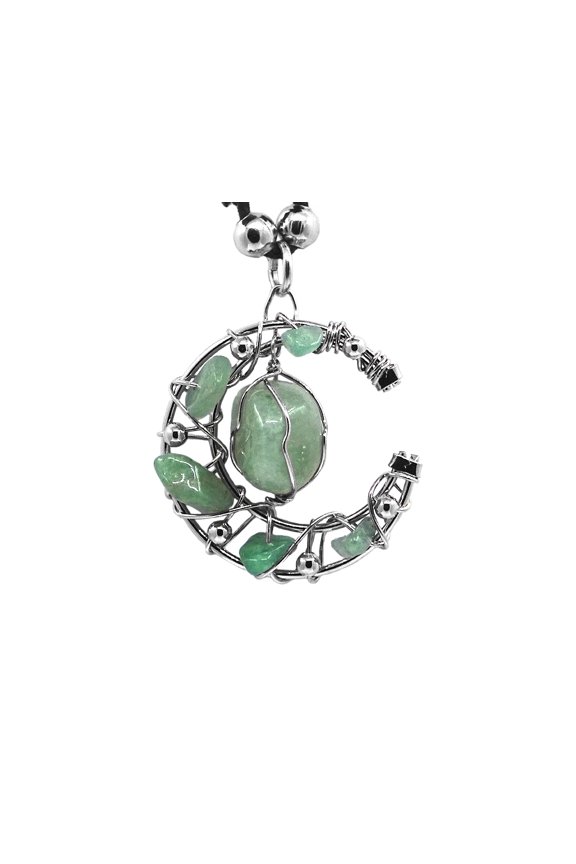 Crescent Half Moon Silver Metal Wire Wrapped Tumbled Healing Gemstone Crystal Pendant Adjustable Necklace - Womens Fashion Handmade Celestial Jewelry Boho Accessories