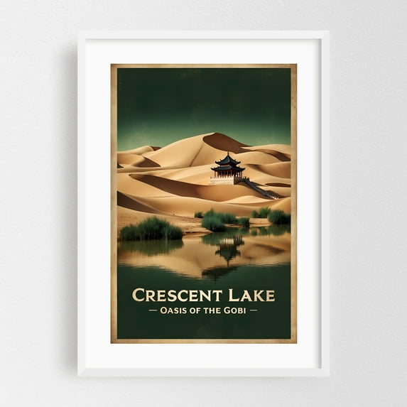 Crescent Lake Vintage Travel Poster – Oasis of the Gobi - Illustration Desert Travel Poster Landscape Vintage Poster Nature Scenic White Framed Wall Art Print 16 x 24 inches