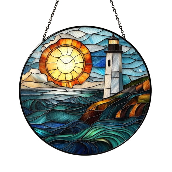 Crescent Lighthouse Window Suncatcher, Acrylic Glass Coastal Art Decor, Beach Home Display