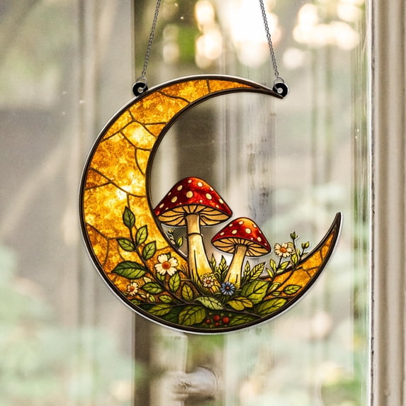 Crescent Moon Acrylic Suncatcher Mushrooms Flowers Fairycore Cottagecore Window Hanging Room Decor