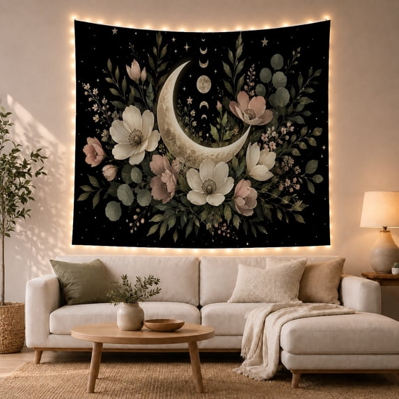 Crescent Moon Among Blush Flowers and Sage Leaves, Whimsical Celestial for Plant Lovers, Botanical Wall Art, Housewarming Gift, Tapestry Wall Hanging for Bedroom and Dorm