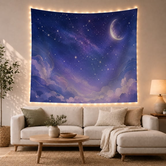 Crescent Moon Among Golden Constellations and Violet Clouds, Dreamy Celestial Art for Space Lovers, Galaxy Decor, Birthday Gift, Tapestry Wall Hanging for Bedroom and Dorm