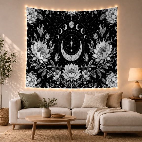 Floral Moon and Celestial Pattern Tapestry