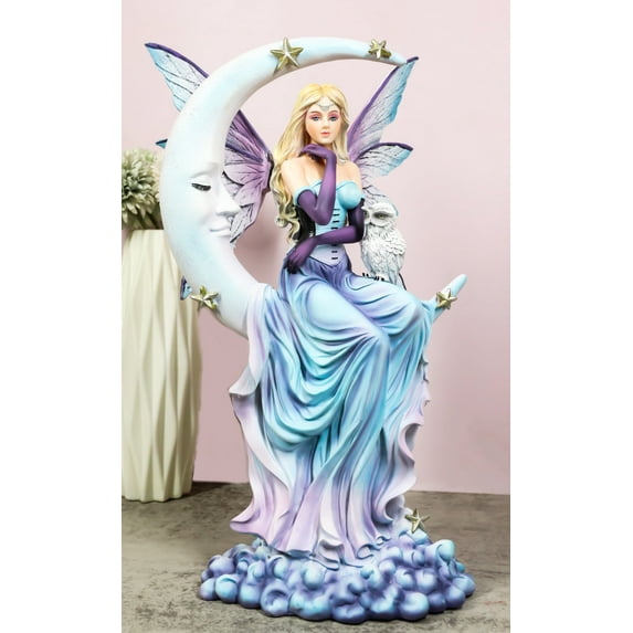 Crescent Moon And Stars Midnight Fairy Luna In Pastel Gown With Snow Owl Statue