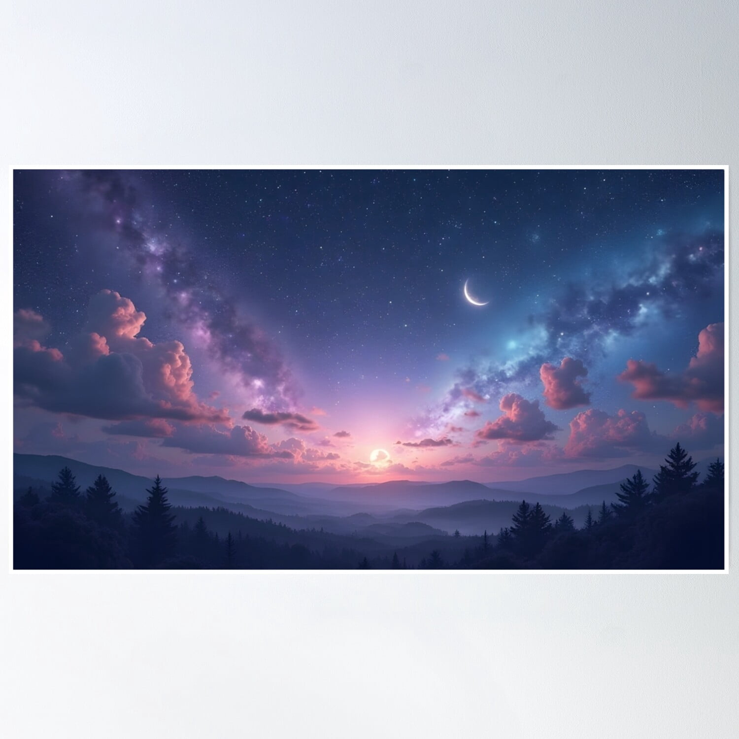 Crescent Moon And Stars Over Mountain Night Sky Poster Wall Art, Modern ...