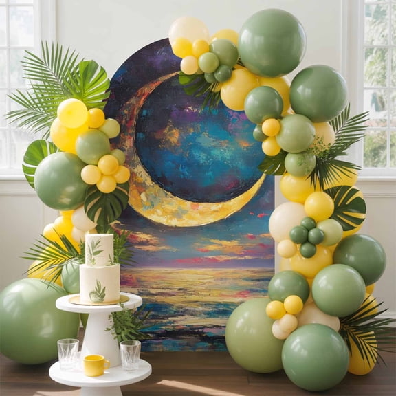 Crescent Moon Arch Backdrop Cover, 5FT, Dreamy Gold Dark Purple Night Ocean Spandex Arch Covers Double-Sided Backdrop for Wedding Birthday Party Photo Background Decoration