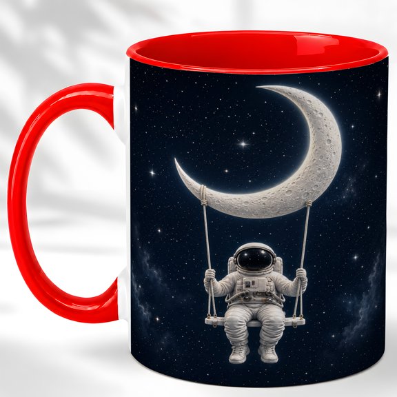 Crescent Moon Astronaut Coffee Mug, Space Night Mug, Ceramic 11 oz