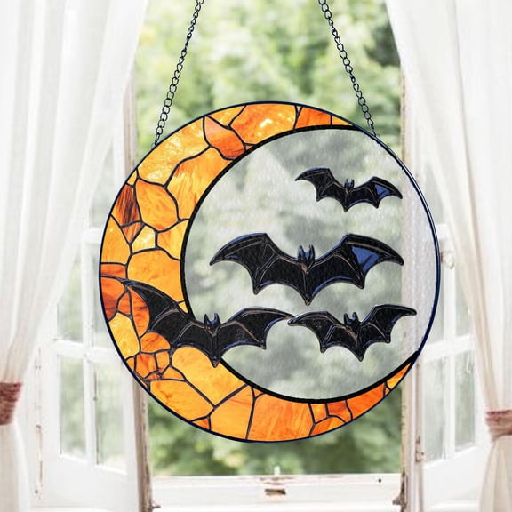 Crescent Moon Bat Stained Glass Suncatcher Gothic Home Decor Halloween Decor Spooky Season Gift