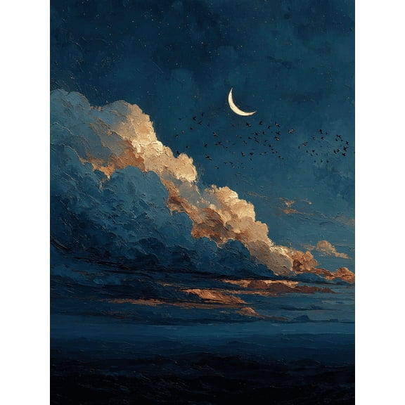 Crescent Moon Bird Flock Canvas Wall Art, Abstract Night Sky Landscape, Modern Decor