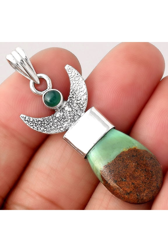 Crescent Moon Boulder Chrysoprase and Green Onyx 925 Silver Pendant P-1453 SDP154777