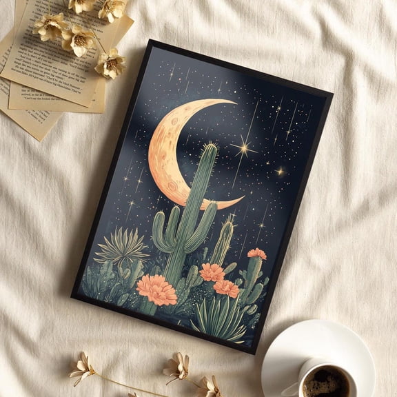 Crescent Moon Cactus Garden Wall Art, Celestial Botanical Surreal Decor, Unframed Paper Print Size 8x12