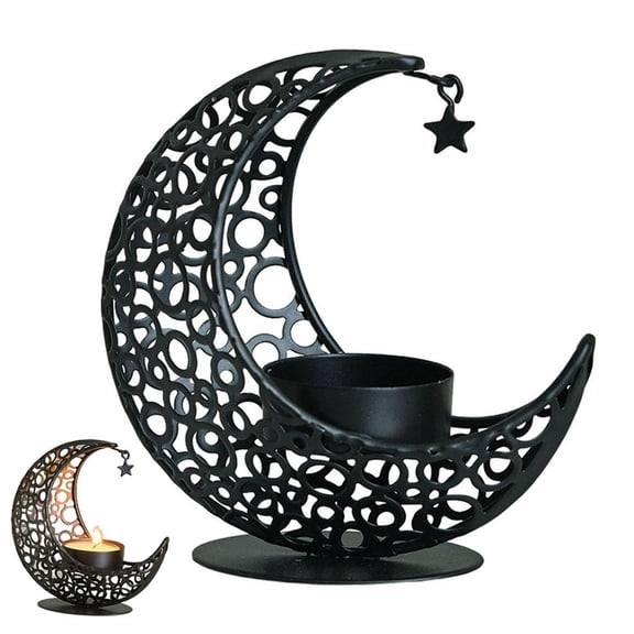Crescent Moon Candle Holders with Star, Hollow Pattern Tealight Candle Holders, Boho Moon And Star Decorative Ornament, Ramadan Decorations, for Table Centerpiece, Islamic Homedecor Gift