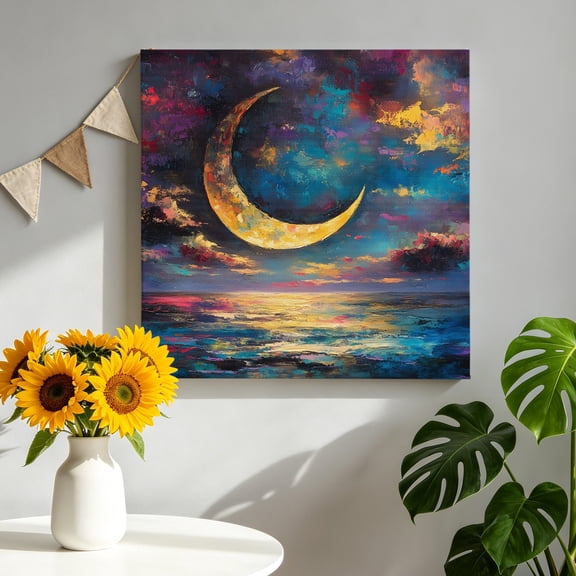 Crescent Moon Canvas Wall Art, Dreamy Gold Dark Purple Night Ocean Pictures Wall Decor Wooden Framed Artwork Art Prints for Living Room Hallway Bedroom Office 10"x10"