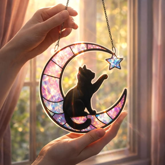 Crescent Moon Cat Acrylic Suncatcher Celestial Witchy Decor Window Hanging Pet Lover Gift