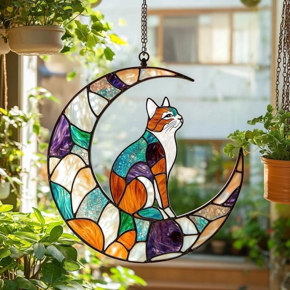 Crescent Moon Cat Acrylic Suncatcher Colorful Faux Stained Glass Window Hanging, Mystical Decor Gift for Cat Lovers