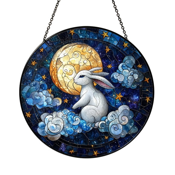 Crescent Moon Cat Stained Glass Style Suncatcher Window Hanging, Cute Feline Starry Night Decorative Window Panel, Fantasy Sky Glass Style Art Decor, Whimsical Animal Theme Window Ornament