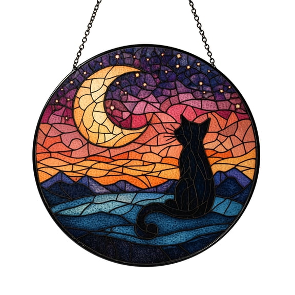 Crescent Moon Cat Stained Glass Suncatcher, Whimsical Celestial Window Decor
