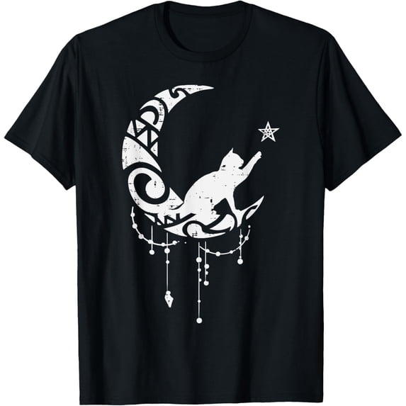 Crescent Moon Cat Star Mystical Celestial Women Girls Kids T-Shirt men and women can wear, black, white, gifts