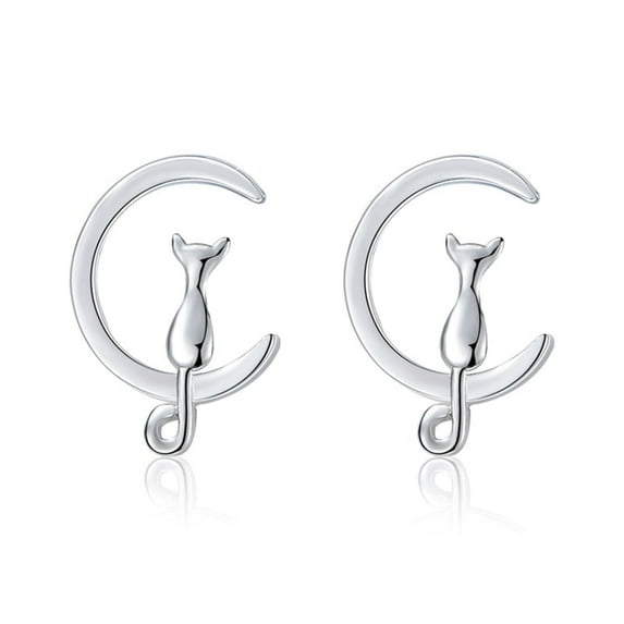 Crescent Moon Cat Stud Earrings 925 Sterling Silver Cute Pet Animal Earrings Studs for Women