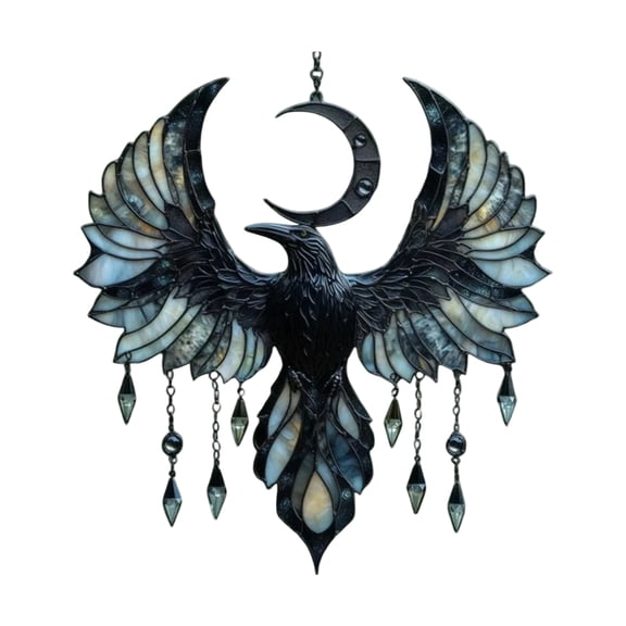Crescent Moon Catcher Stained Glass Window Decal With Gothic Art Design Featuring Raven & Crescent Moon For Home & Garden Wall Hanging Decor