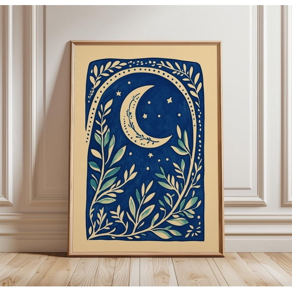 Crescent Moon Celestial Night Sky Botanical Circle Boho Mystic Art Unframed Paper Print