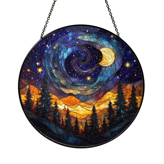 Crescent Moon Celestial Stained Glass Window Decor, Cosmic Nature Suncatcher For Calm Spaces