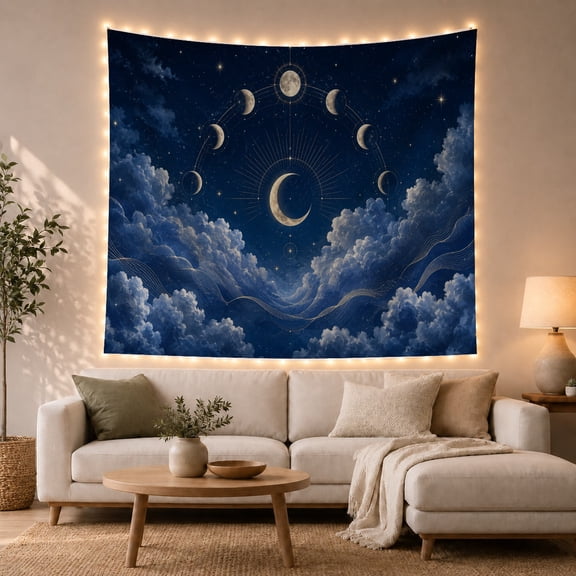 Crescent Moon in Celestial Wheel with Stars and Clouds, Mystical Celestial for Space Lovers, Moon Phase Artwork Housewarming Gift, Tapestry Wall Hanging for Bedroom and Living Room
