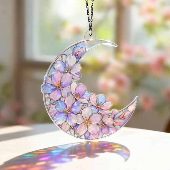 Crescent Moon Cherry Blossom Acrylic Suncatcher Pink Floral Window Hanging Spring Home Decor Gift