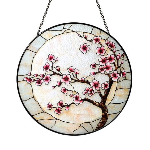 Crescent Moon Cherry Blossom Glass Suncatcher Window Decor, Soft Spring Night Scene Hanging Art