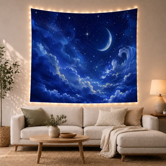 Crescent Moon and Clouds in Night Sky, Dreamy Celestial for Astronomy Lovers, Moonlight Wall Art Housewarming Gift Tapestry Wall Hanging for Bedroom, Living Room and Dorm