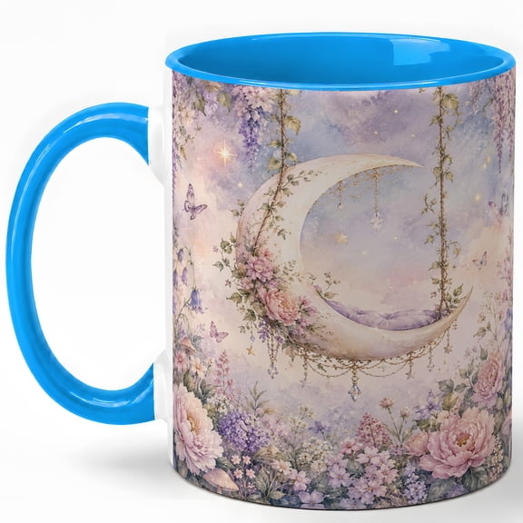 Crescent Moon Coffee Mug, Fantasy Garden Mug for Women, Watercolor Moon Swing with Flowers and Butterflies, Dreamy Gift, Ceramic 11 Oz Cup