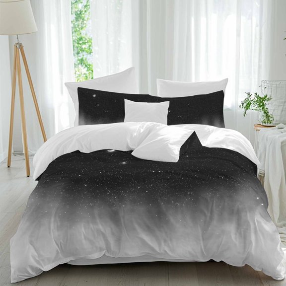 Crescent Moon Comforter Set Twin Size, Dreamy Black Misty Cloud Gray Gradient Fog Soft Bedding Set for Man Woman, 4 Pieces Duvet Cover Set with Fitted Sheet, 2 Pillowcases
