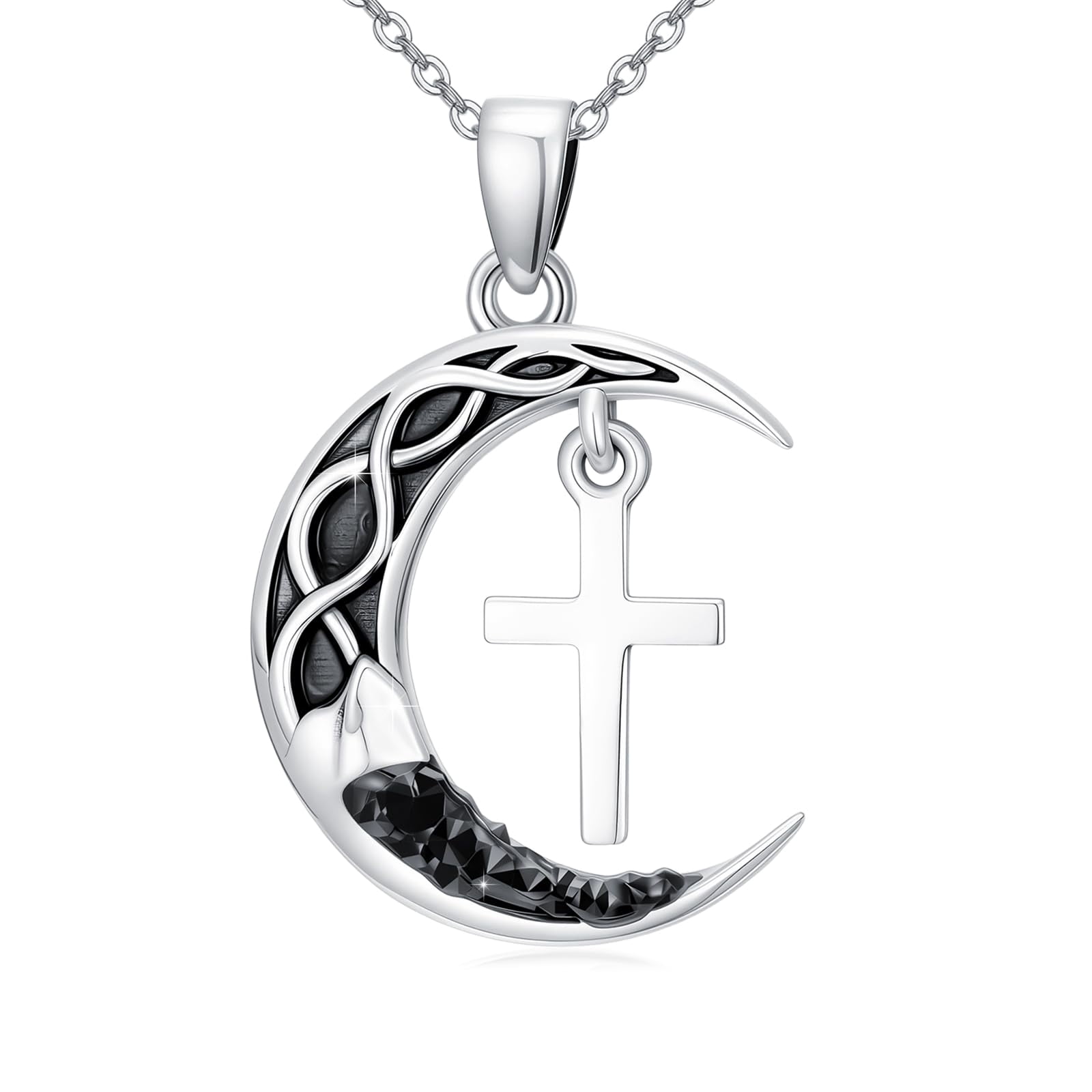 Crescent Moon Cross Necklace for Women, 925 Sterling Silver Religious ...