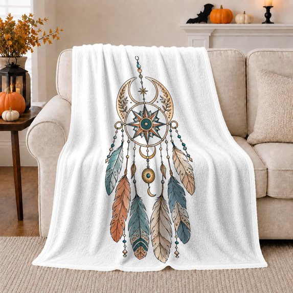 Crescent Moon Dreamcatcher with Blue and Tan Feathers, Dreamy Boho Feather Motif for Boho Style Fans, Birthday Gift, Cozy Flannel Blanket for Bedroom and Reading Nook, Soft Home Decor