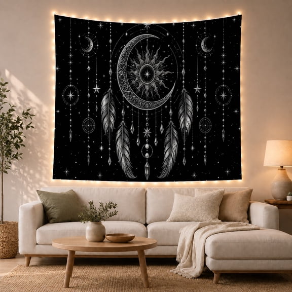 Crescent Moon Dreamcatcher with Feathers, Mystical Boho Style for Astrology Fans, Celestial Wall Decor Housewarming Gift, Tapestry Wall Hanging for Bedroom and Meditation Room